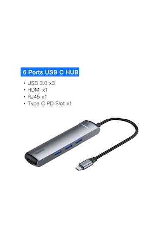 Baseus Usb Type C 6In1 Hdmı 3X Usb 3.0 Rj45 Çoğaltıcı Adaptör