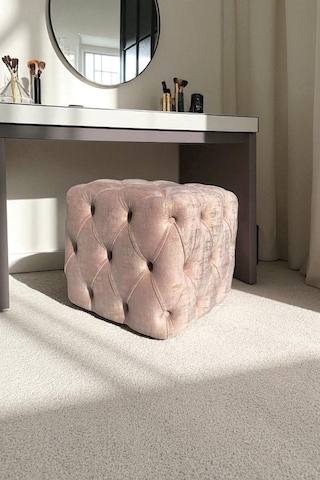 Küp Puf - Best İthal Kadife Babyface Kumaş Varak Baskı - Modern Ve Şık Dekoratif Puf&bench Pembe - Pudra