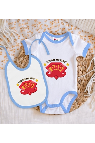 Bk Kids My Hero Dad Tasarımlı Mavi Bebek Body Zıbın Ve Mama Önlüğ Çok Renkli