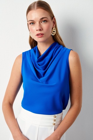 Sateen Degaje Yaka Kolsuz Bluz - Saks Mavisi