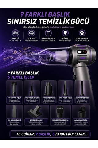 22000pa 6000mah Araç Süpürgesi Dijital Göstergeli Güçlü Vakum Hava Üfleme Kablosuz Temizlik Gri