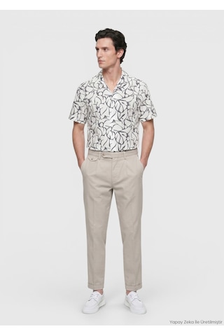 Ramsey Ekru Regular Fit Kısa Dokuma Casual %100 Pamuk Gömlek Ekru, Koyu Gri