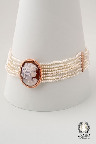 Cameo İtaliano İnci Küpeli Kız 18 Ayar Sarı Altın Kaplama Gümüş Choker Kolye Rose Gold