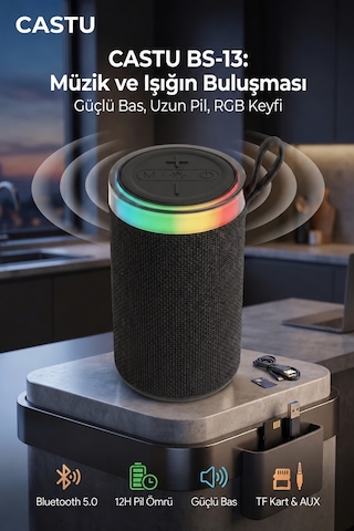 BS-13 RGB LED Işıklı Taşınabilir Bluetooth Hoparlör Yüksek Sesli Kablosuz Speaker AUX USB SD Kart Destekli Şarjlı