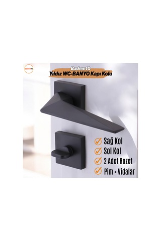 Yıldız Wc - Banyo Siyah Kapı Kolu Kare Rozetli Ev Kapı Kolları Kilitlenebilir Sağ Sola Uygun 1 Takım
