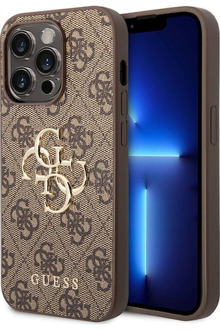 Apple Uyumlu iPhone 14 Pro Kılıf Guess Pu Deri Büyük Metal Logo Dizaynlı Kapak Gri