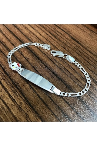 İsim Yazılı Kedili Gümüş Bebek Künyesi Çocuk Bileklik Csb05