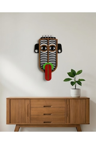 Modern Picasso Tarzı Ahşap Duvar Maske Mdf - Siyah Turuncu - Kırmızı Geometrik Tribal Mask 1