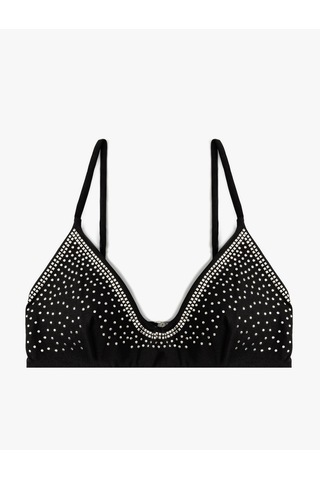 Koton Parlak Taşlı Bikini Üstü V Yaka Arkası Kopçalı İnce Askılı Siyah 4sak10052mm