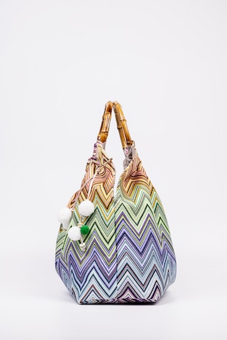 Fabric Craft Bag El Çantası Bambu Saplı Zigzag Desenli Duck Kumaş Çok Renkli