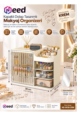 Need Kapaklı Dolap Tasarımlı 3 Çekmeceli Makyaj Organizeri Ve Takı Düzenleyici Krem Nd-9018-crm