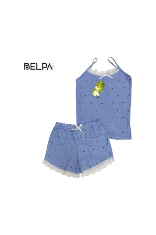 Belpa Sıla Sella Bamboo Kadın Şortlu Pijama Takımı Askılı Dantel Detaylı Mavi