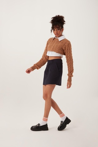Quhox Kadın Triko Crop Sweatshirt Taba