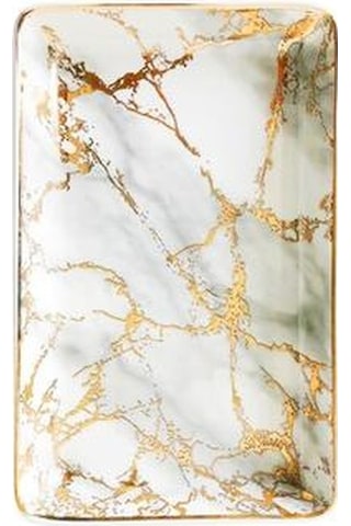 Seramik Depolama Tepsisi Nordic Stil Dikdörtgen Mermer Desen Pratik Dekorasyon Ev Alanı Tasarruflu Mutfak Gıda Takı Depolama Tepsileri Altın Ahşap - Beyaz