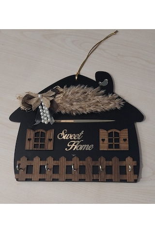 Sweet Home Siyah Ahşap Anahtar Askılığı Duvar Askılı Anahtarlık Siyah