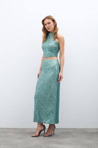 Sateen Fermuarlı Karolin Midi Etek - Mint-135350 Mint