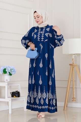 Sevitli Yarım Düğmeli Robalı Eslem Elbise-indigo-5186 İndigo