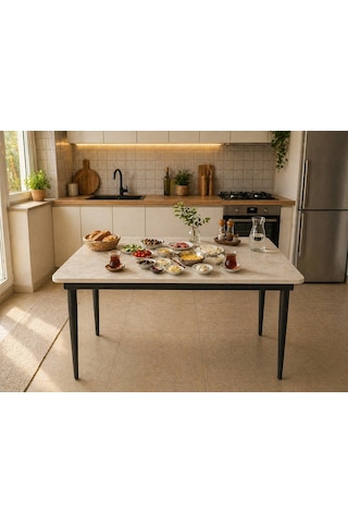 Yemek Masası- Traverten Mdf Metal Ayaklı Yemek Masası 68x108 Cm Bej