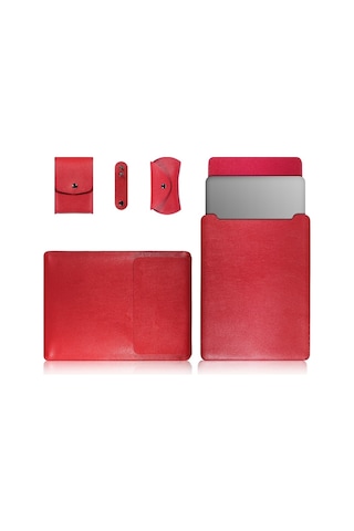 Zsykd 4 1 Laptop Pu Deri Çanta + Power Çanta + Kablo Kravat + Macbook Uyumlu Için Fare Çantası 13 Inç Kırmızı Yurt Dışından