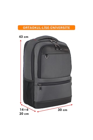 Körüklü Gri Okul Sırt Çantası Lise Üniversite Unisex Su Geçirmez Kumaş 14"-15,6" İnç Gri