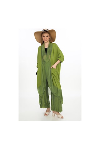 Bohem Stil Italyan Ipek Detaylı Oversize Kap Bluz- Wes Pantolon Takım-8863 Yağ Yeşili