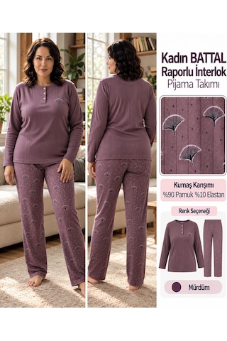 Lana Kadın Battal Pamuk Likralı Raporlu İnterlok Kışlık Pijama Takımı 245/11 - 1 Adet Mürdüm