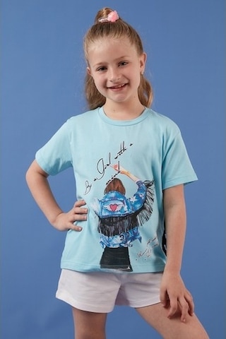Lela Pamuklu Baskılı Püskül Detaylı Bisiklet Yaka Kız Çocuk T Shirt 6211020 Açık Mavi