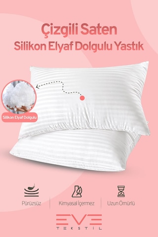 Eve Tekstil 2 Adet Çizgili Saten Fermuarlı Antialerjik Yıkanabilir Silikon Elyaf Yüksek Dolgulu Yastık 900 Gr Beyaz