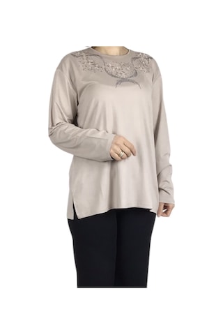 Kadın Yakası Taşlı Likralı Büyük Beden Bluz Arpbattal1 Krem