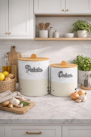 Bambu Kapaklı Metal Patates Soğanlık Krem Taş Desenli Decorev Dc 7099 Krem