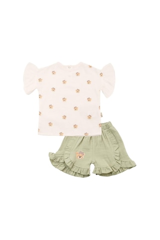 Ayıcık Baskılı Fırfırlı Şortlu Takım Yeşil Bipamuk 001