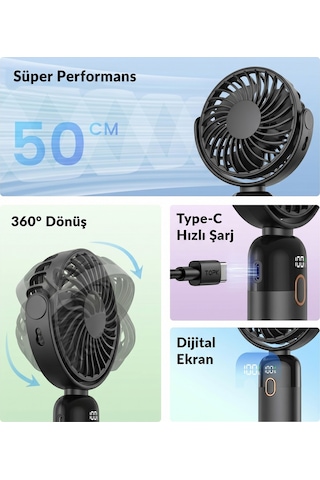 Warmco K70 Taşınabilir Şarjlı El Vantilatörü 2400mah 360 Döner Başlıklı Ve Standlı Dijital Ekranlı Soğutucu Fan Siyah
