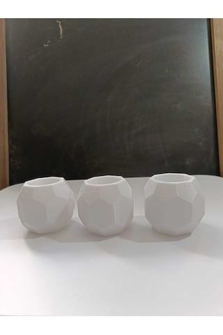 3 Lü Beyaz Geometrik Tasarımlı Dekoratif Mumluk Seti Modern Ve Şık Beyaz