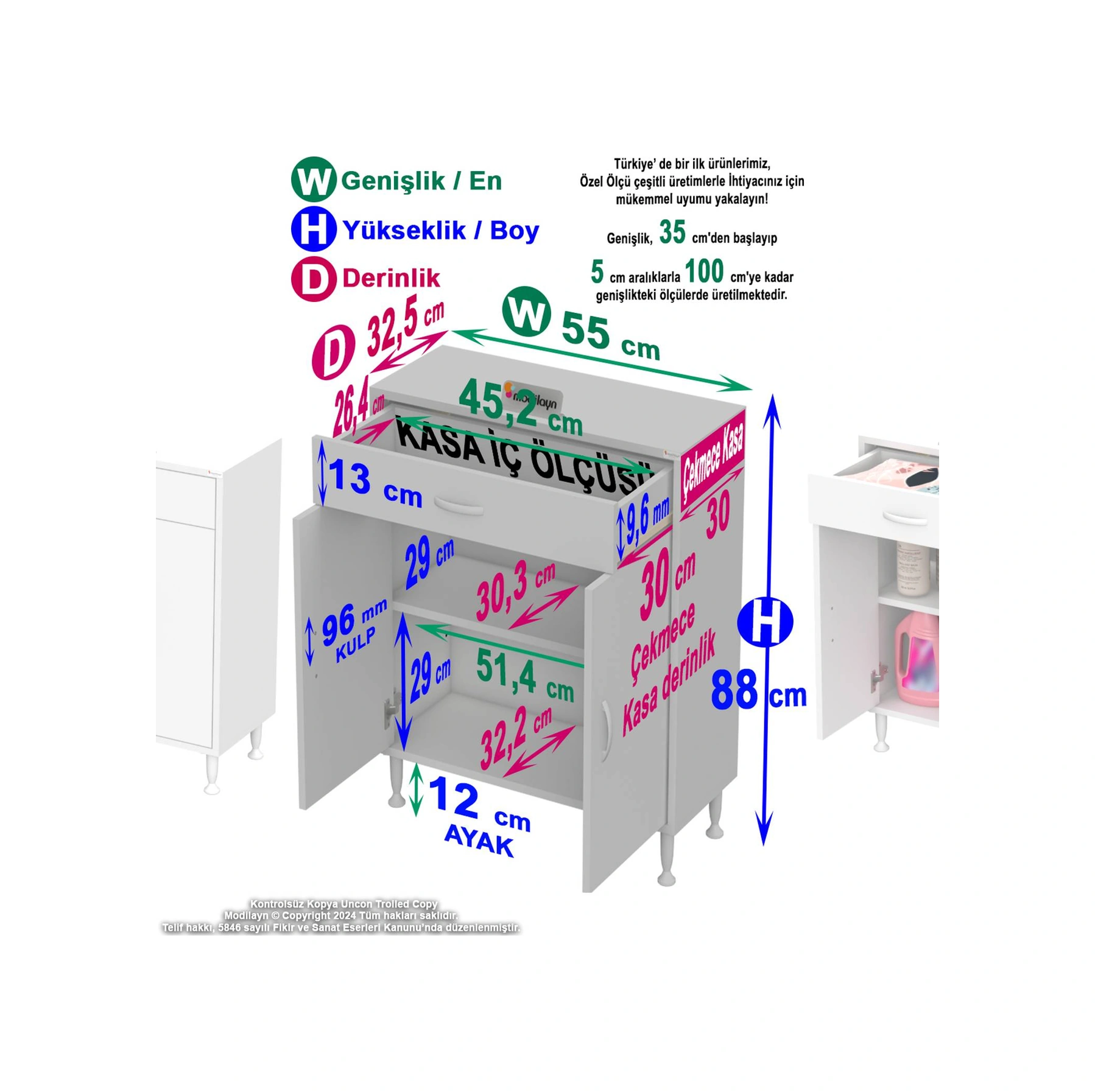Modilayn Mutfak Dolabı Çekmeceli Çok Amaçlı Dolap İki Kapaklı Ban