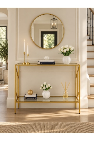 Teknor Gold Çerçeveli Şeffaf Camlı Modern Antre Dresuarı 100 Cm