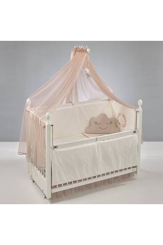 Meltem Kids Kral Sallanır Ahşap Anne Yanı Beşik 60x120 cm (beyaz-motto pudra) Pudra