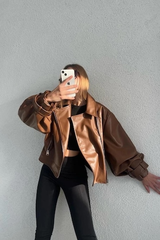 Mavifidesign Kadın Taba Oversize Deri Ceket Taba Taba