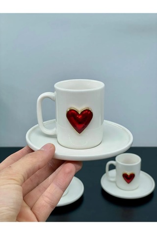 2 Kişilik Porselen Kalpli Fincan Takımı Seti Bardak Ve Lokumluk