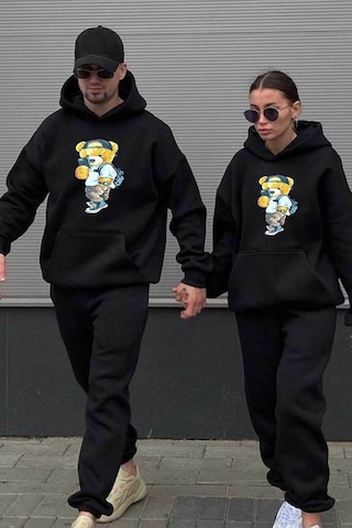 Medinenur Just Be Cool Baskılı Çift Sevgili Kombini Tasarım Sweatshirt Siyah