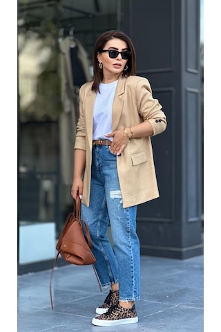 Taş Tek Düğme Yün Efekt Blazer Ceket Taş