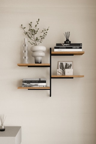 Aju 4 Katlı Duvar Rafı Metal Çerçeveli Dekoratif Kitaplık Ve Raf Ünitesi Modern Ve Minimalist Tasarımm Siyah