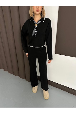 Newco Polo Yaka Fularlı Oversize Triko Takım Kazak Siyah