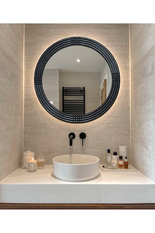 Led Işıklı Safir Siyah Dekoratif İşlemeli Banyo Duvar Aynası 56cm Siyah