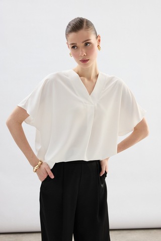 Sateen Geniş Kısa Kollu Bluz - Ekru-136761 Ekru