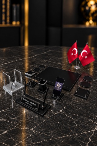 13 Parça Masa İsimlik Seti Kişiye Özel Çift Kalemli Newton Denge Toplu Ofis Sümen Takımı Siyah