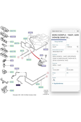 Yakıt Hortumu Motor Üst Kırmızı Focus 1.6 98 Erc221 - 98ab9b337bh