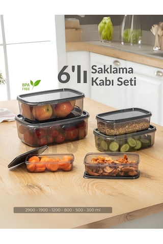 Jet's Home 6'lı Set Erzak Saklama Kabı Seti Bpa Free Erzak Kabı Bakliyat Saklama Kapları Buzdolabı Kabı Şeffaf Antrasit