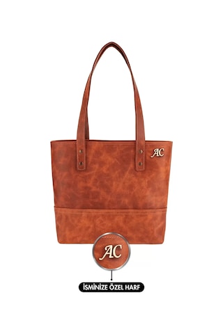Twingold İsme Özel Tote Bag El Omuz Çantası - %100 Rainbow Deri - Ac03003 - Tobacco Tobacco