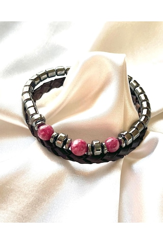 %100 Deri&hematit Kombin Siyah-lila Erkek Bileklik Net 21cm Siyah - Pembe