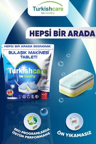 Turkishcare Hepsi Bir Arada Ekonomik Bulaşık Deterjanı Premium Tablet 40 Tablet